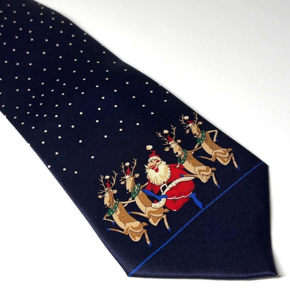 Parquet Zipper Necktie Mens OS Navy Blue Santa Reindeer Silk Polka Dot